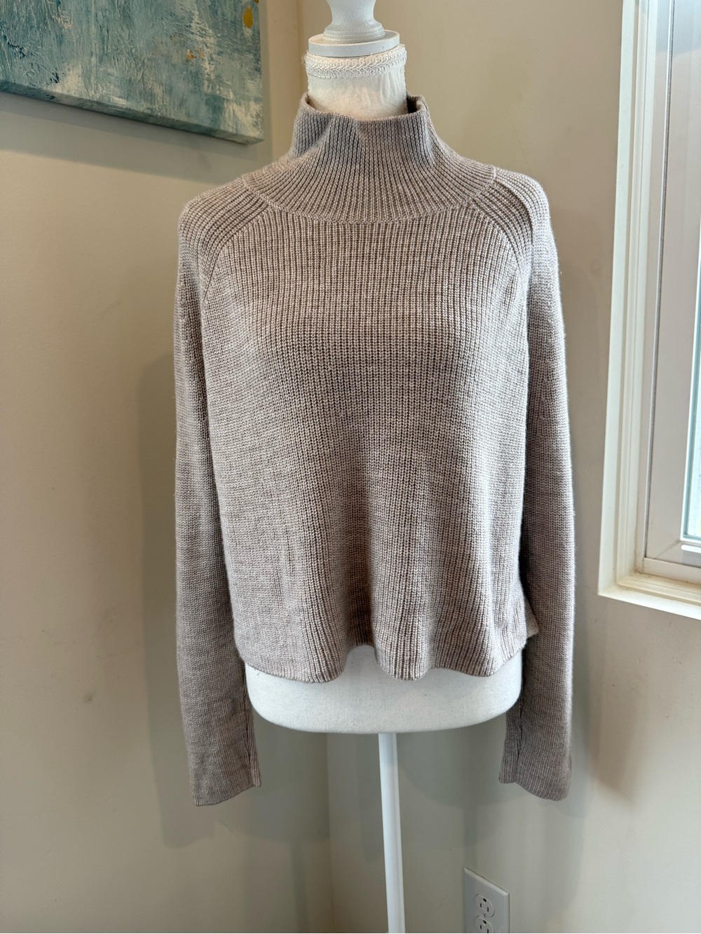 Eileen Fisher 100% Wool Ribbed Mock Neck Sweater Taupe Beige S/P